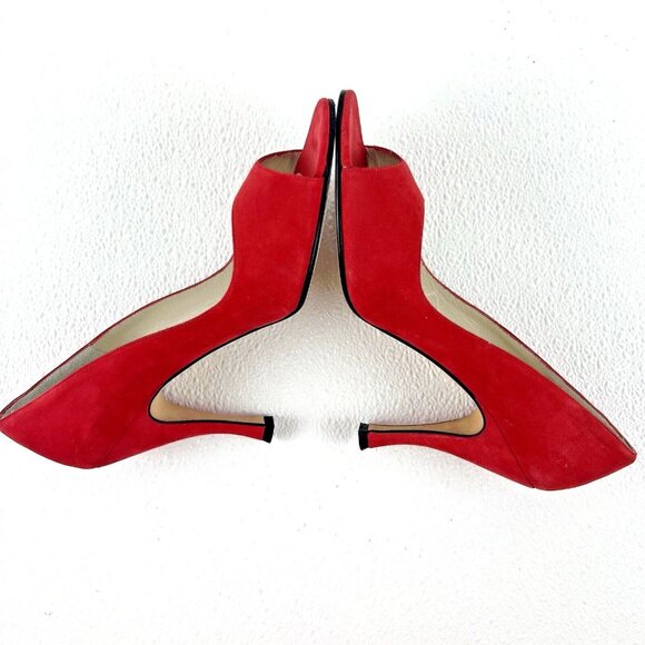 Women's 9N Red Peep Toe Mob Wife Career Chic Preppy Delman Suede Pumps Heels - Picture 5 of 13